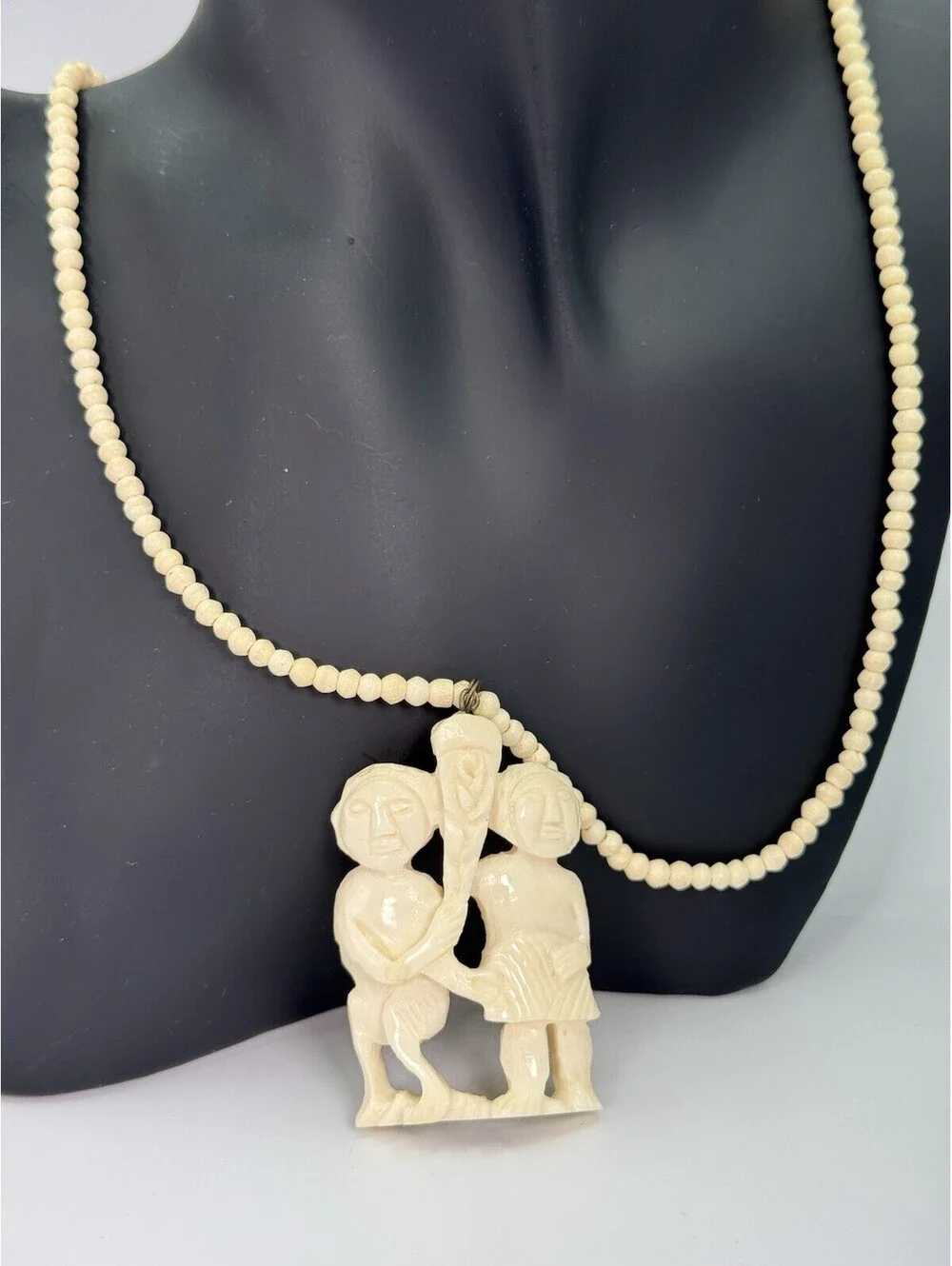 Vintage Hand Carved Tribal Figural Pendant Necklace Beaded Ethnic Folk Art